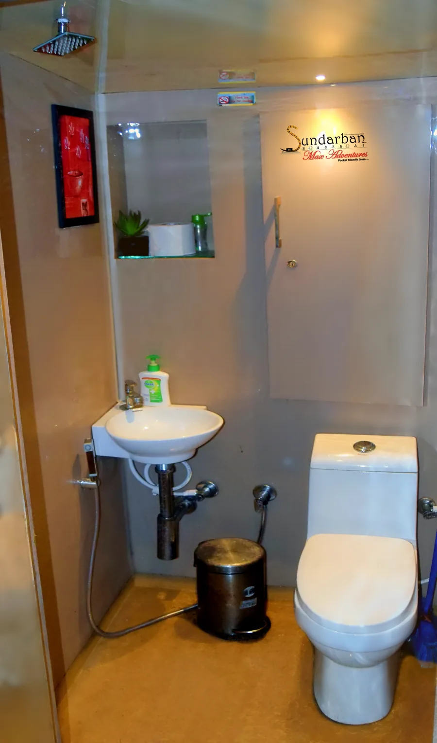 Onboard bathroom inside the Max Adventures houseboat