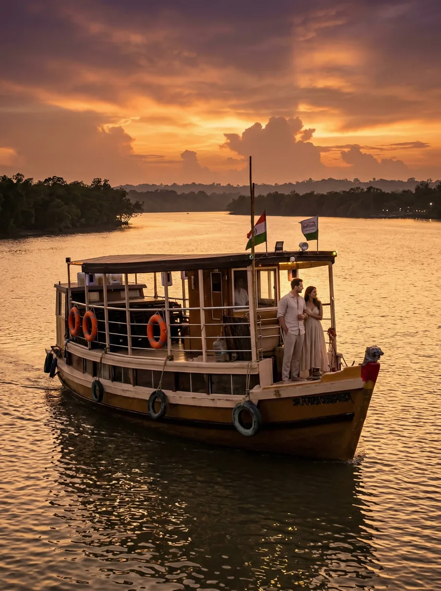 Couple standing on a Max Adventures houseboat at sunset in the Sundarbans